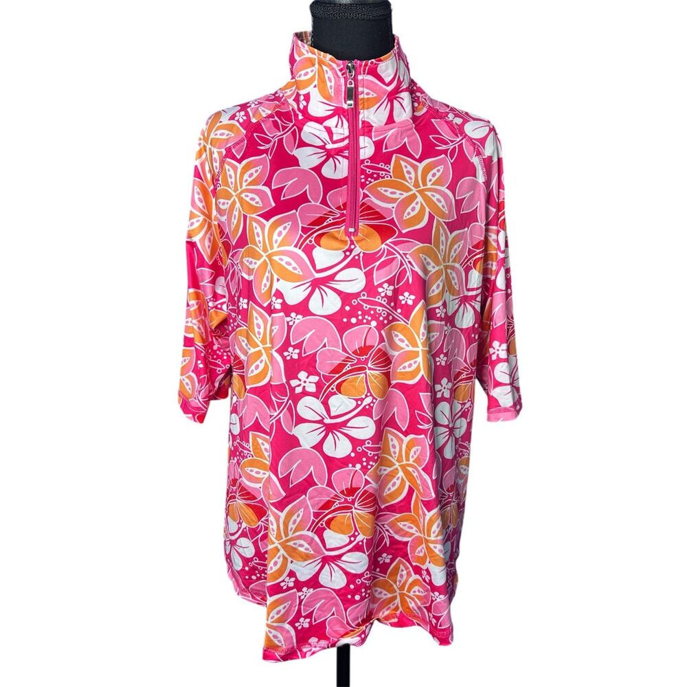 Womens Hawaiian Print Quarter Zip Top‎ 2XL Tropical Vacay Resort Cruise Vibrant
